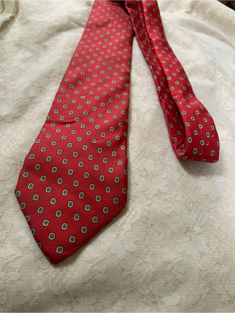 Ralph Lauren Red Silk Tie with Circular Medallion Print